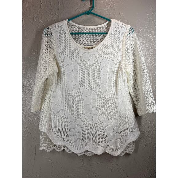 Live And Let Live Top Tunic White Gauze Crochet Shirt Hippie LS Petite Size‎ PM - Picture 1 of 4
